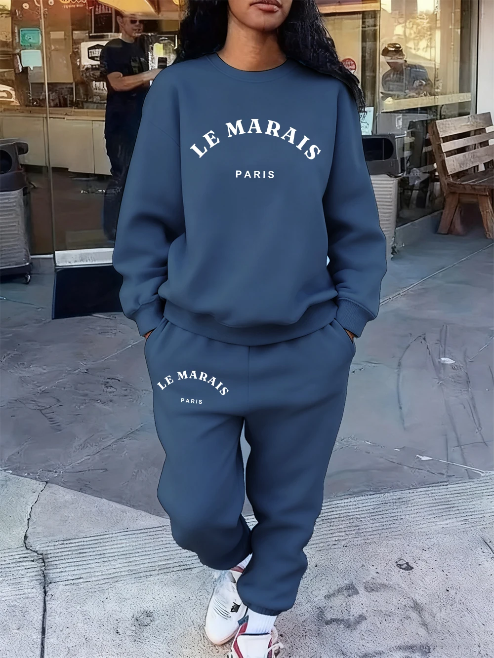 2 Pcs Hoodies Set Womens Le Marais Paris Prints Sweatpants Casual Loose Fleece Sweatshirt Jogging Outfits Winter Pocket Clothes - Image 2