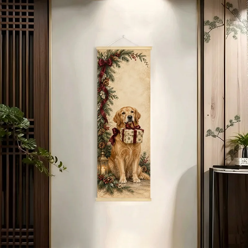 Christmas Dogs Hanging Scroll with Evergreen Branches and Red Ribbons in a Charming Vintage Illustration for an Entryway