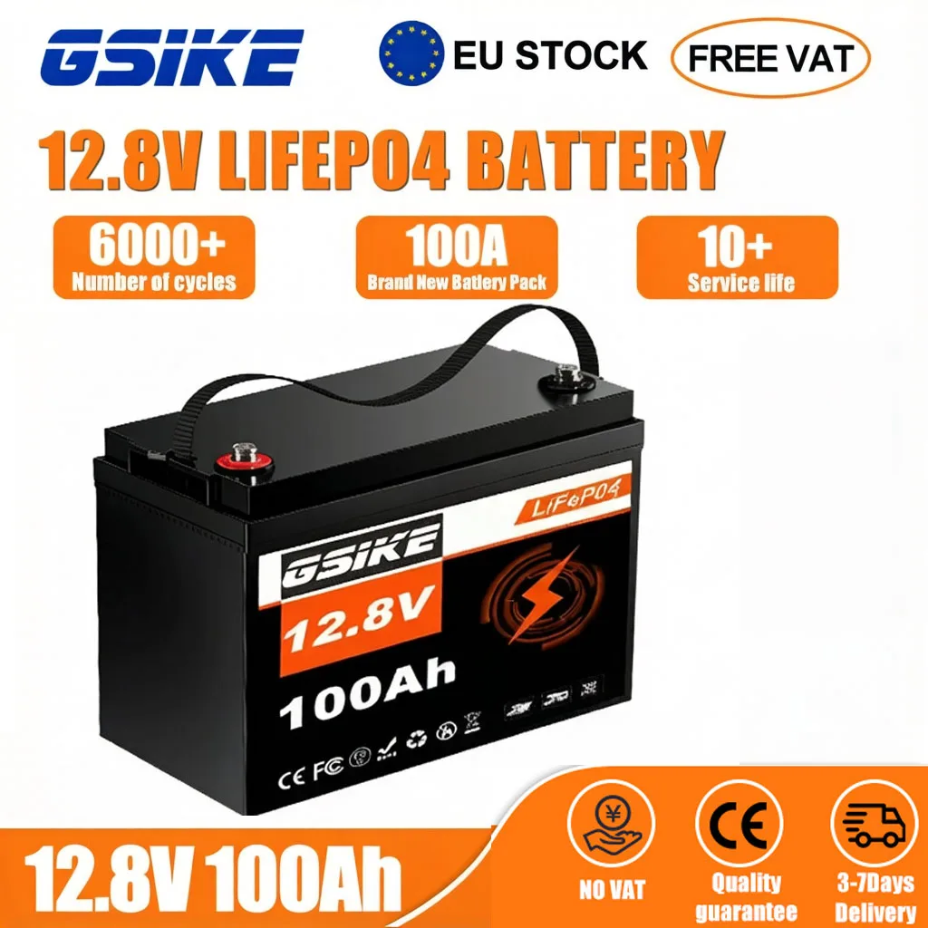 Batterie LiFePO4 portable GSIKE 12V 100Ah 300Ah à cycle profond avec BMS intelligent intégré et plus de 10000 cycles, cellules A+, 12.8V 100AH 300AH pour applications solaires, onduleurs et VR
