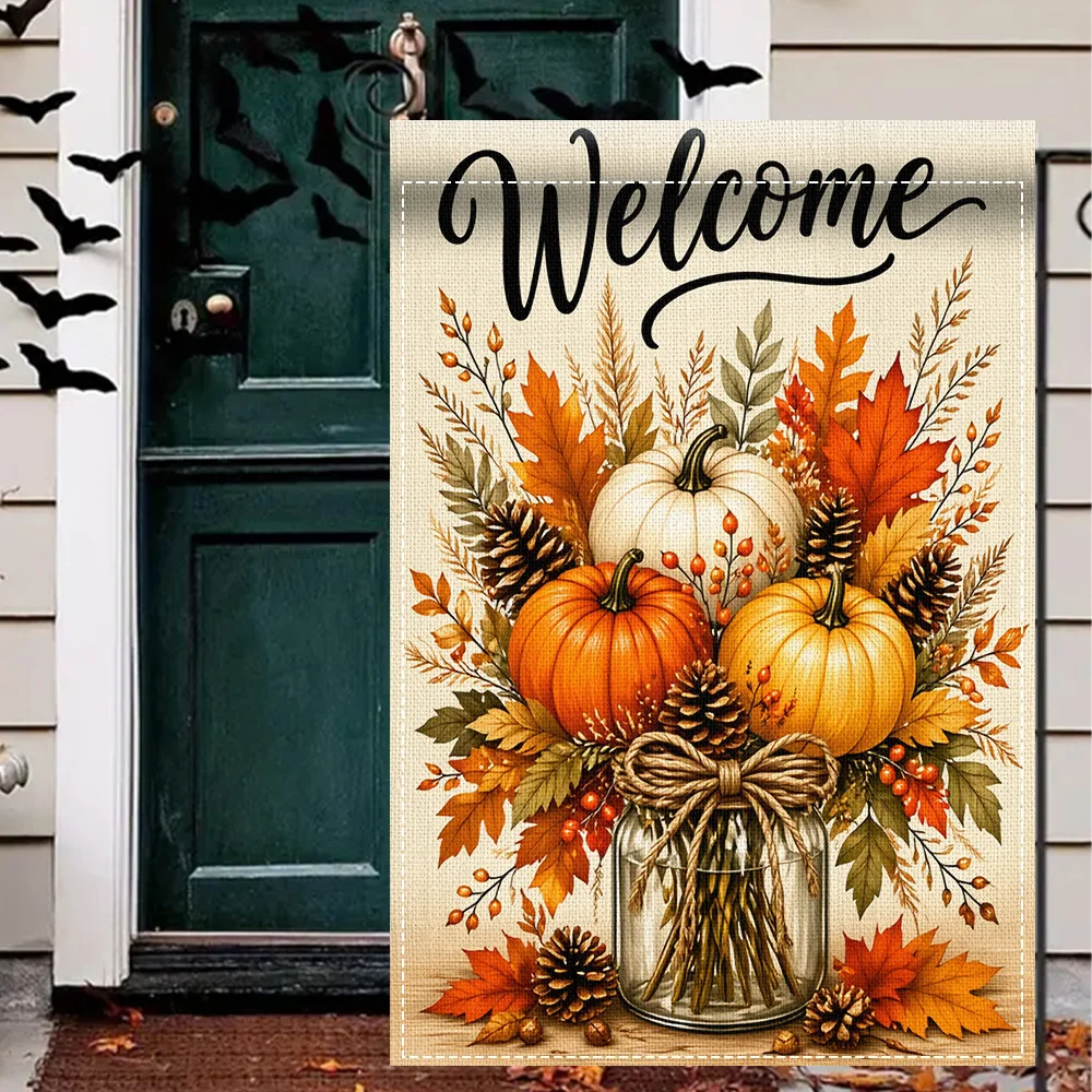 1PC Fall Harvest Welcome Garden Flag with pumpkin and maple leaf print on both sides, perfect for patio and outdoor fall decor (