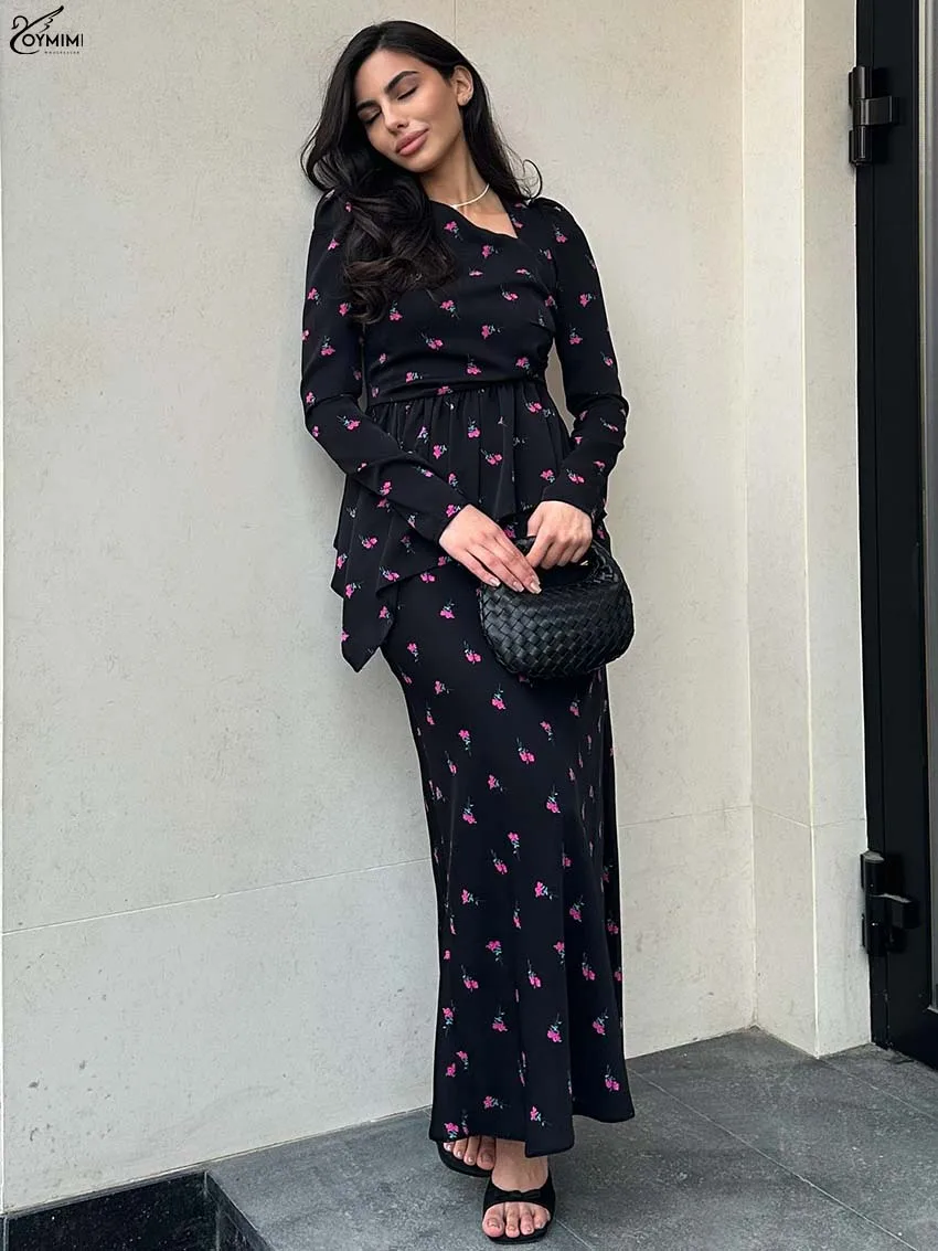 

Oymimi Casual Red Print 2 Piece Sets Woman Outfits Fashion Skew Collar Long Sleeve Pleated Top + Straight Ankle-Length Skirt Set