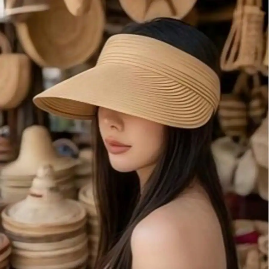 Ponytail Friendly Open Top Straw Hat Wide Brim Sun Protection Visor For Women Foldable Roll Up Summer Beach Hat For Vacation And Outdoor Travel