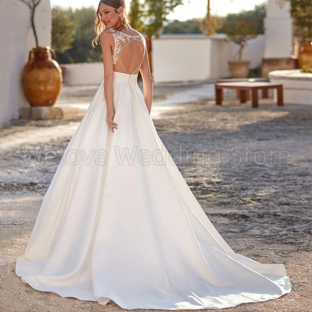 Classic Tulle Applique and Satin Wedding Dress Sleeveless Illusion Open Back Bride A-Line Floor Length with Sweep Train Gowns