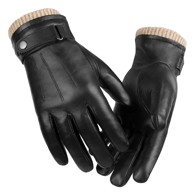 Men Sheepskin Leather Gloves Thickened Thermal Windproof Touch Screen Business Winter Warm Driving Work Gift