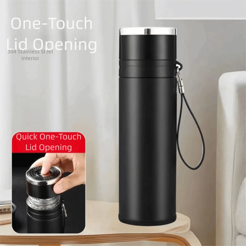 Portable 500ml Black Water Cup Memorial Tea Separation Insulation Cup One Click Open Lid Vacuum Flask
