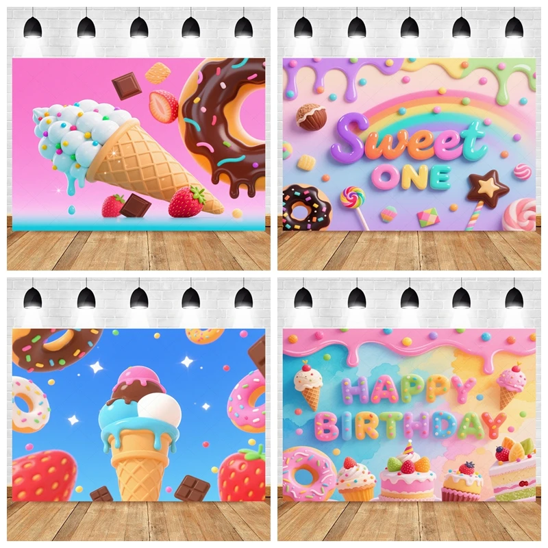 

Ice Cream Donut Candy Bar Baby Shower Birthday Backdrop Photo Booth Balloon Arch Cake Table Decor Photography Custom Background