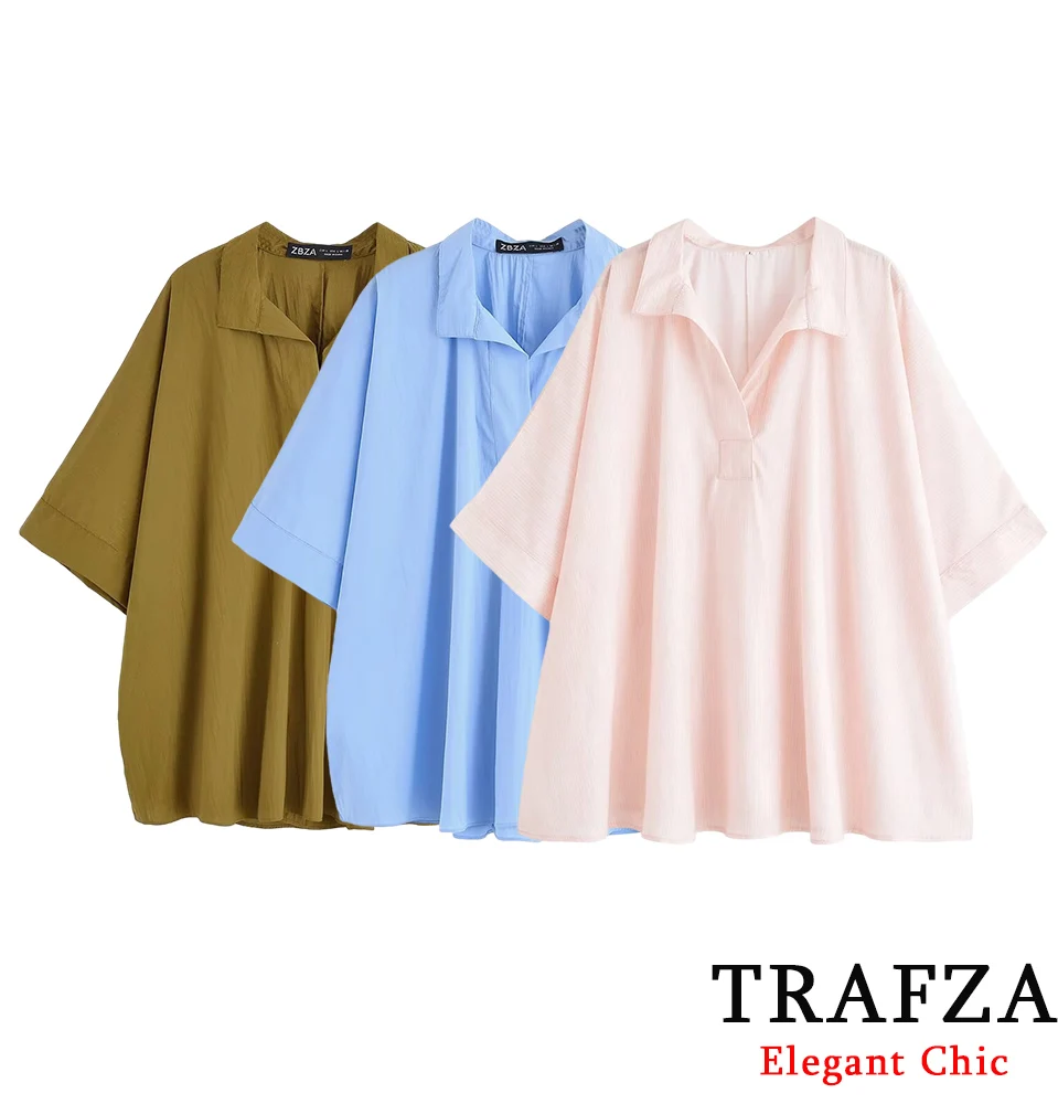 

TRAFZA-Women Casual Loose Striped Shirt Lapel Short Sleeves Shirt 2025 Spring Summer Fashion Holiday Elegant Chic Female Shirts