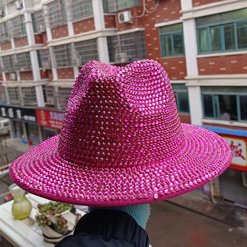 

Rose Red Rhinestone Soft Hat New Stage Party Hat Men's and Women's Jazz Hip Hop Latest Solid Color Fashion Spring Jazz Hat