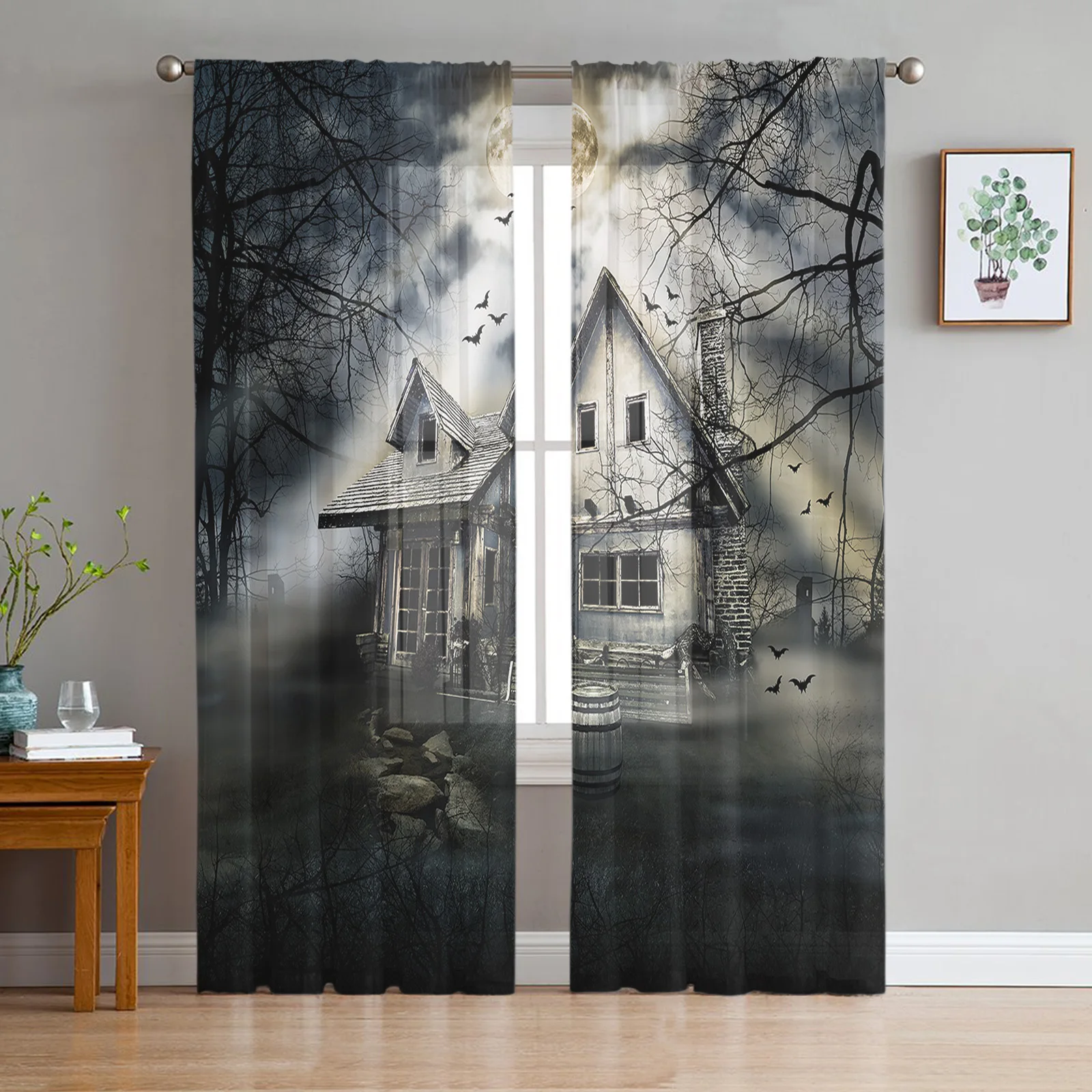 Woods Moon Bat Haunted House Modern Tulle Curtains for Living Room Bedroom Home Kitchen Window Sheer Curtains