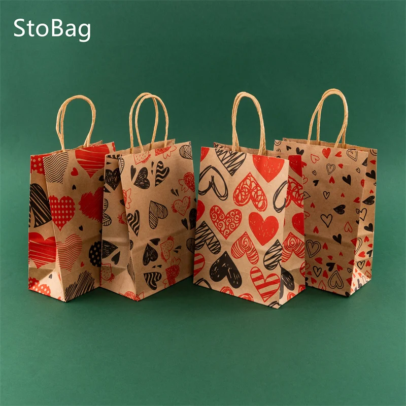 

StoBag-Valentine's Day Surprise Gift Love Decoration Hand Kraft Paper Pack Candy Chocolate Snack Cookies Wedding Party 5Pcs