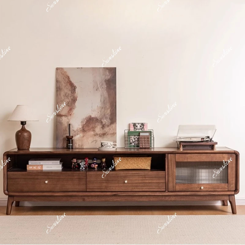 Nordic black walnut TV cabinet, all solid wood simple and complete living room glass floor cabinet