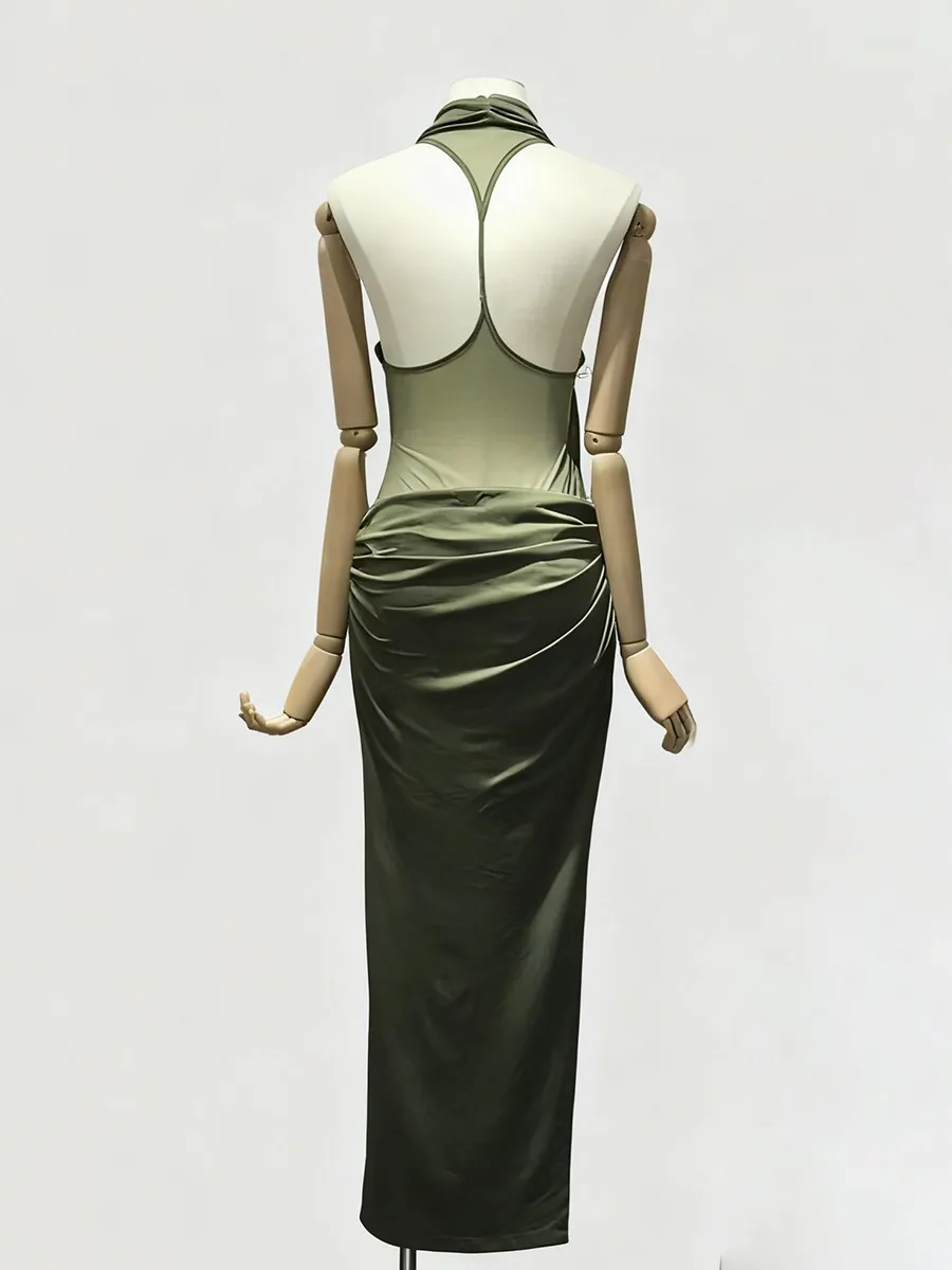 TWOTWINSTYLE 솔리드 슬리밍 스플라이스드 폴드 섹시 드레스 여성용 홀터 슬리브리스 백리스 시어 롱 드레스 여성 의류 신상품