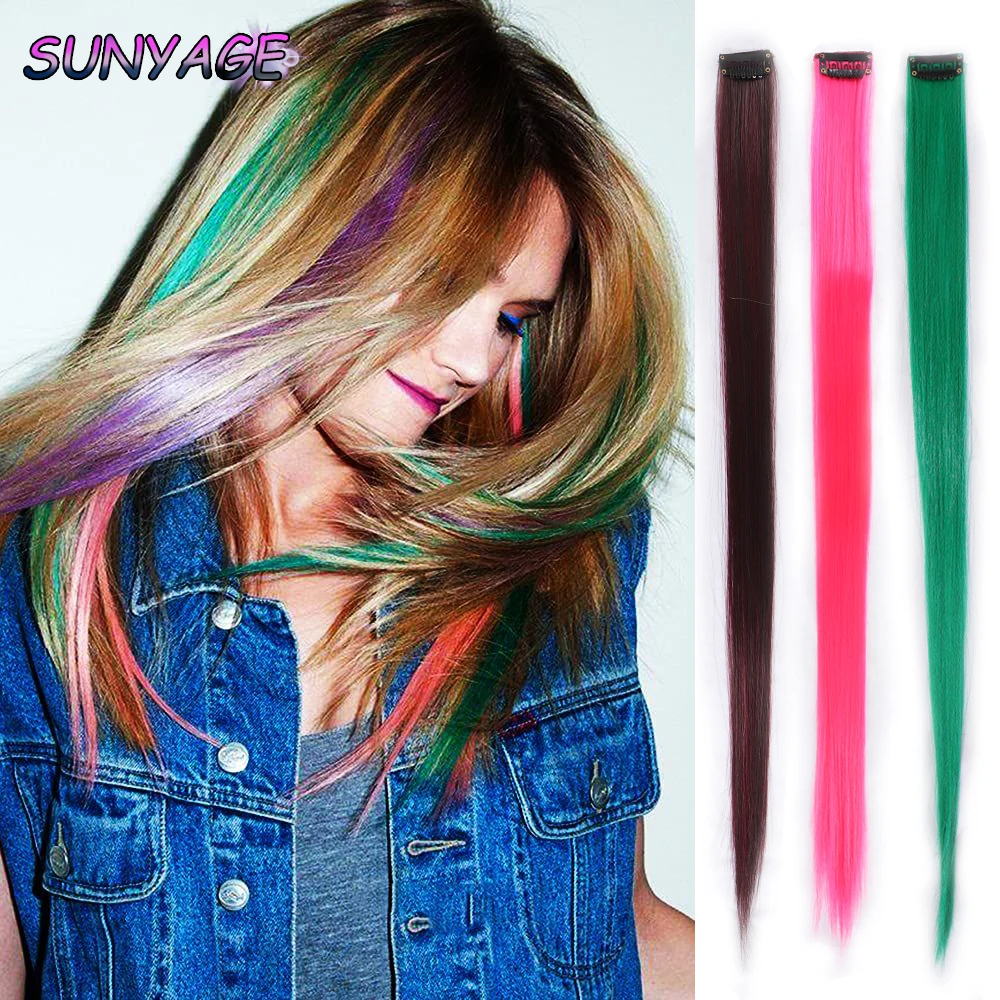 

SUNYAGE Colored Party Clip in Hair Extensions for Girls 24 inches Multi-colors Straight Hair Synthetic Hairpieces