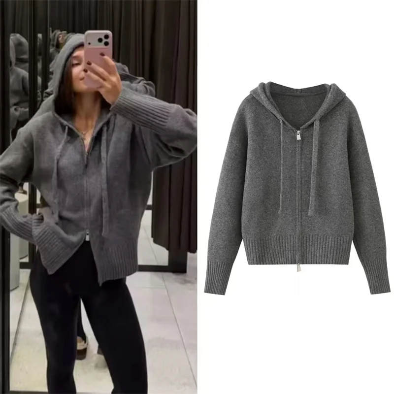Guobioziy Women's Jacket 2026 Fall/Winter New Gray Long-Sleeve Hooded Simple Knit Cardigan Parka Casual Fashion