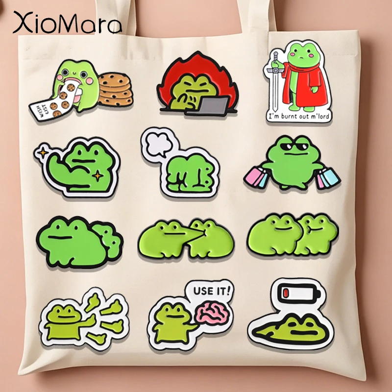 Funny Frog Enamel Pins Low Battery Burnout Frog Use Your Brain Animal Brooches Wish List Cookie Hungry Frog Badge Jewelry Gifts