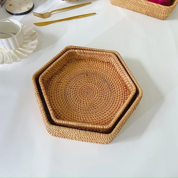 

Rattan Storage Basket, Tray, Woven Basket, Breakfast Bread Fruit Snack Basket, Kitchen Desktop Large Toy Storage