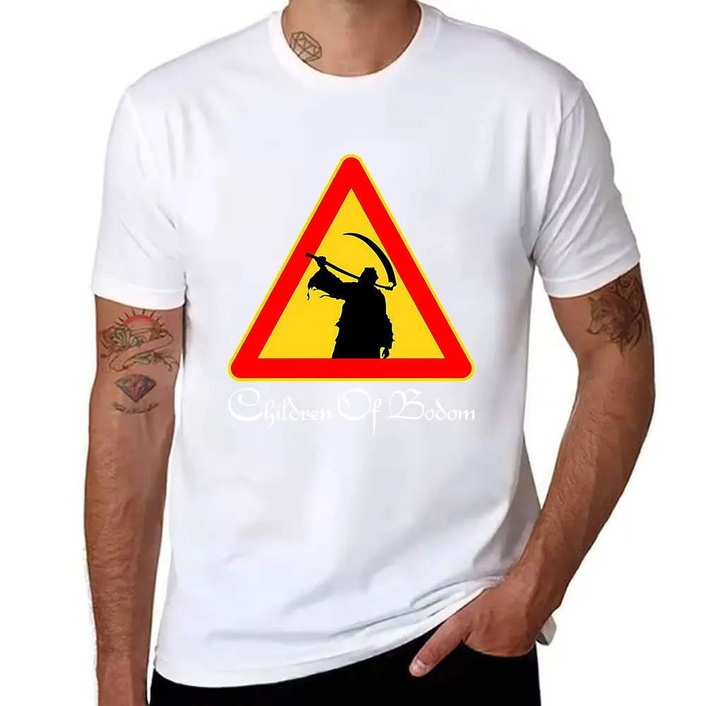 Men's Cotton Short Sleeve T-Shirt with Grim Reaper Warning Sign Print, Casual Streetwear Tee for Daily Wear
