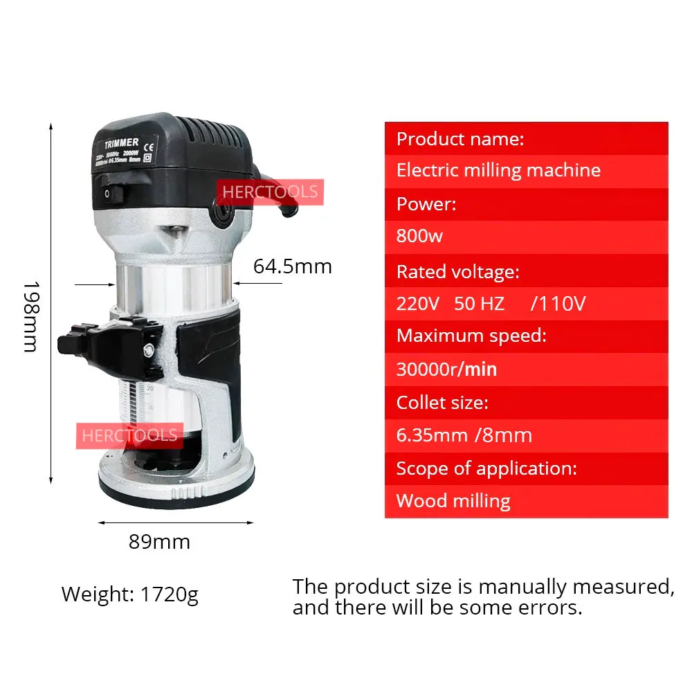 800W Wood Router Kit Compact Electric Trimmer Tool with Plunge and Fixed Base 6.35 & 8 mm Collets Woodworking Slotting Trimming