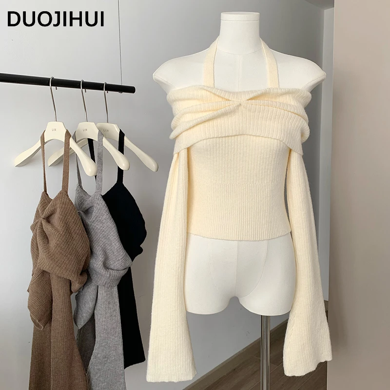 

DUOJIHUI Simple Chic Slash Neck Soft New Female Pullover Autumn Sexy Long Sleeve Fashion Basic Pure Color Sweater Women Pullover