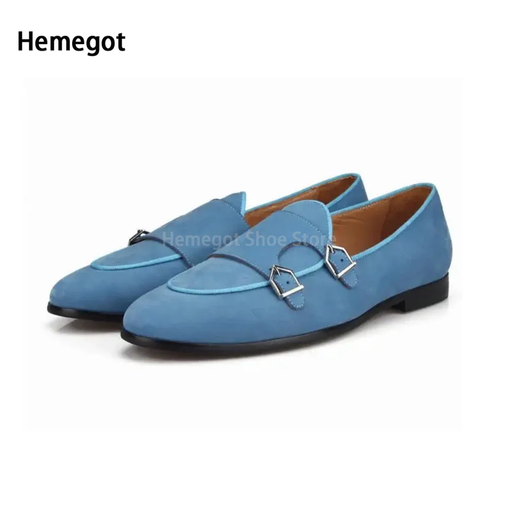 Blue Suede Loafers Double Buckles Decor Moccasins Casual Shoes Men's Flats Wedding Office Brand Design Shoes Dress Shoes