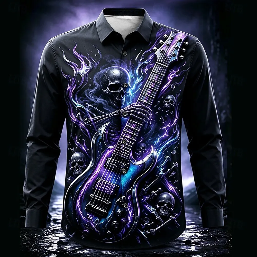 Halloween Men's Skull Guitar Casual Shirt Long Sleeve Horror Dark Casual Streetwear Carnival Spring Fall Turndown Button Up