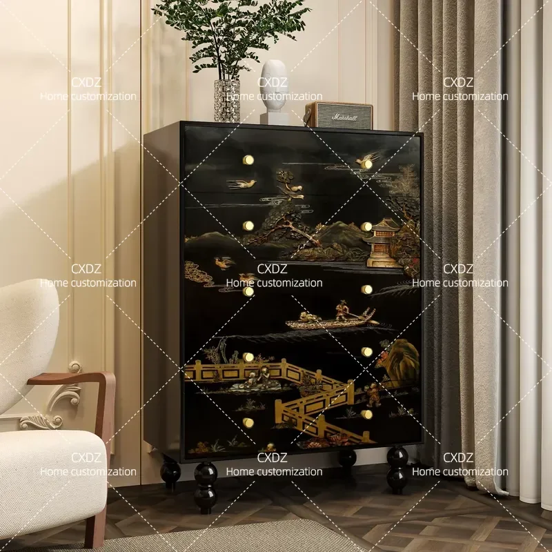 French Medieval Solid Wood Chest of Drawers Decorative Cabinet for Living Room Entrance Hotel Storage Against Wall Drawer