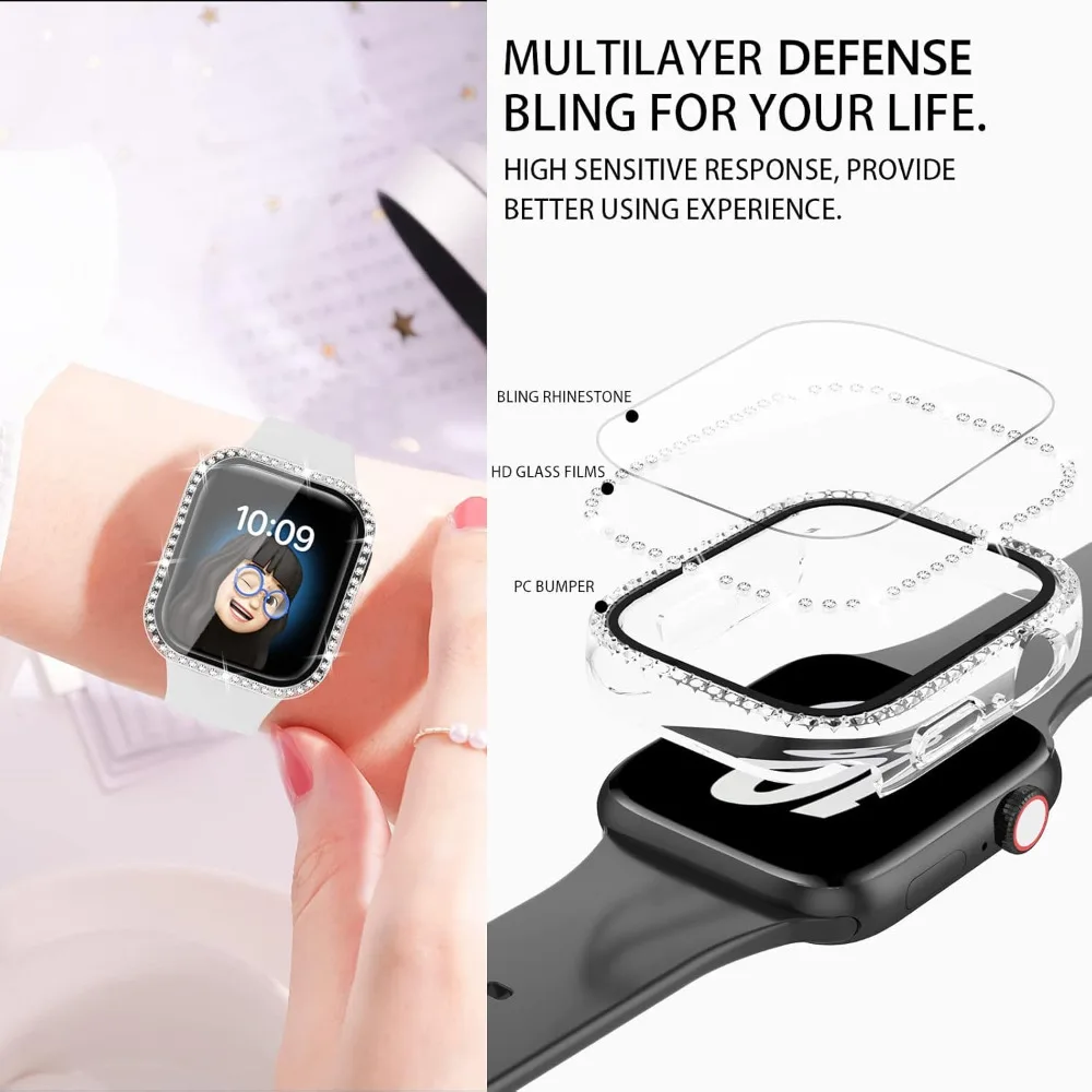 Funda ostentosa para Apple Watch SE/6/5/4, funda protectora de 40MM y 44MM, Protector de pantalla de vidrio para iWatch Series 7/8/9/10, 41MM, 45MM,