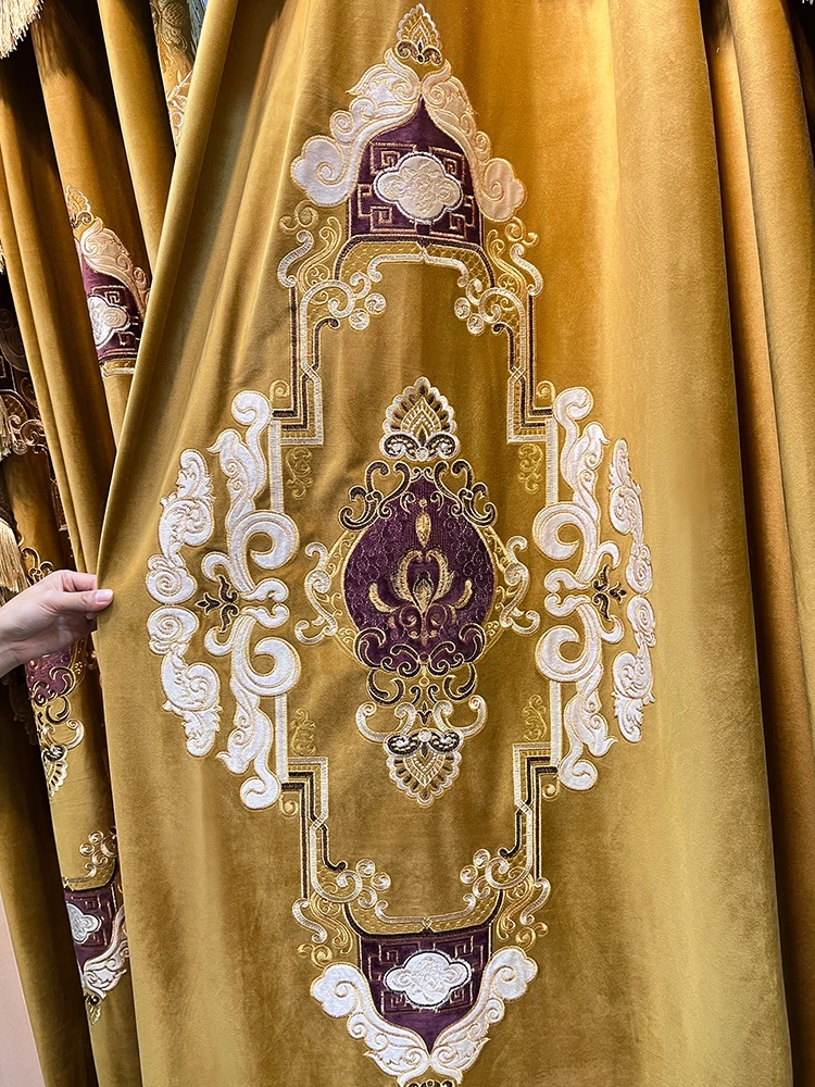 Custom European high villa elegant thick luxury velvet embroidered gold  cloth blackout curtain tulle valance drape C2156