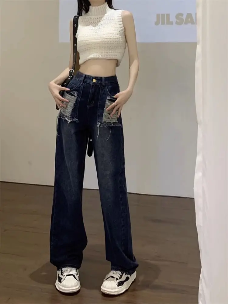 Denim Torn Pants for Women Straight Leg Retro Womens with Holes Jeans High Waist Shot Ripped Trousers Vintage Clothing Teenagers