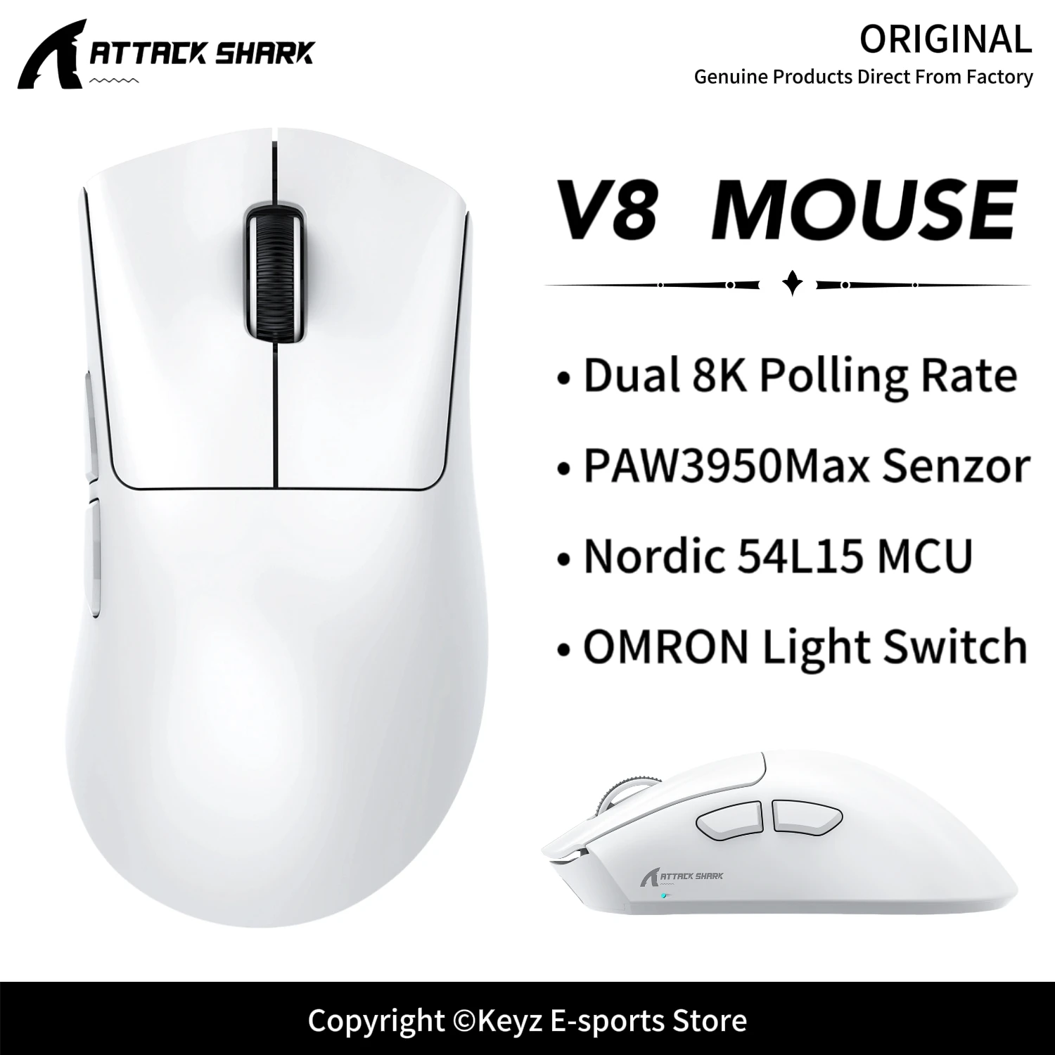 ATTACK SHARK V8 Dual 8K Lightweight Mouse PAW3950Max Sensor 42000DPI Nordic 54L15 MCU and Shark 8K Receiver for PC