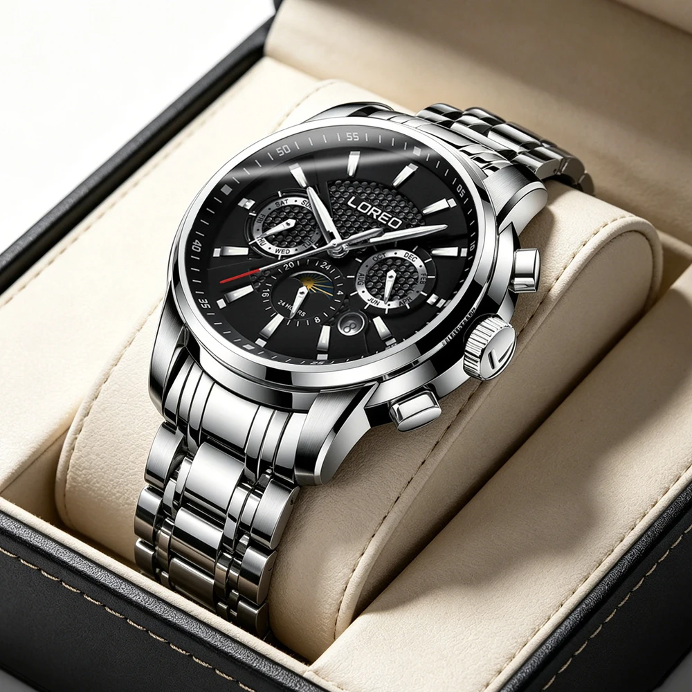 LOREO Automatic Sports Mens Watches Top Brand Luxury Seagull Movement Man Watch Waterproof Calendar Week Moon Phase Clock ﻿