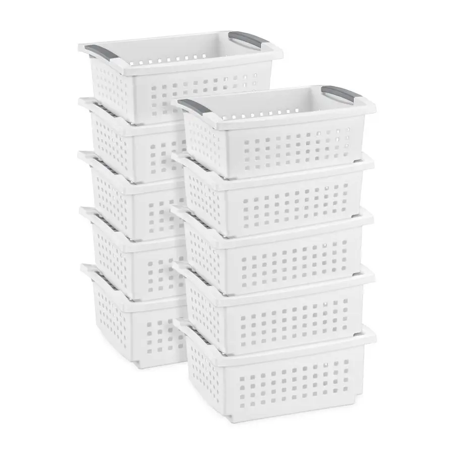 

10Pack Medium Stacking Basket, Open Top Plastic Storage Organizer, White Stackable Crate Containers for Countertop, Cabinet, Pan