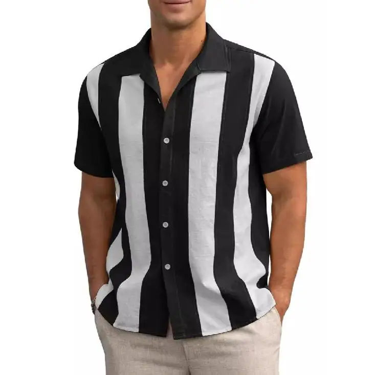 Summer Retro Color-Blocked Striped Patchwork 3D Printed Short-Sleeved Men's Shirt, Outdoor Loose Casual Beach Vacation Shirt