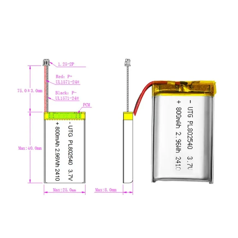 802540 3.7V 800/3000mAh Polymer Lithium Battery for Barcode Scanner Speaker Car DVR Replace Rechargeable Lithium Battery
