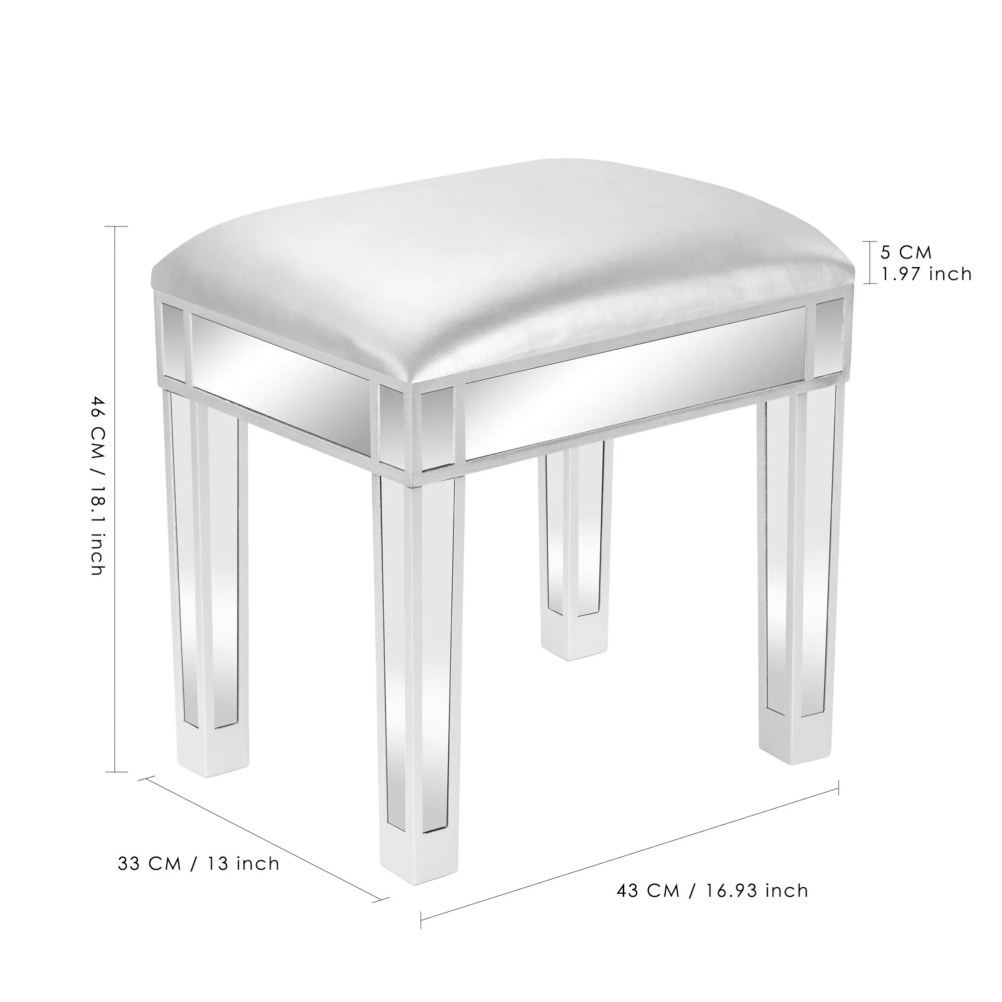 

Luxurious Mirrored Vanity Desk and Vanity Stool, Elegant Silver Mirrored Makeup Vanity Table and Bench with Storage for Bedroom/Makeup Room LODEIJA