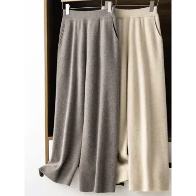 Autumn Winter Elegant Pure Cashmere High Waist Draped Wide Leg Pants Women Outerwear Pocket Loose Straight Knitted Floor-Le