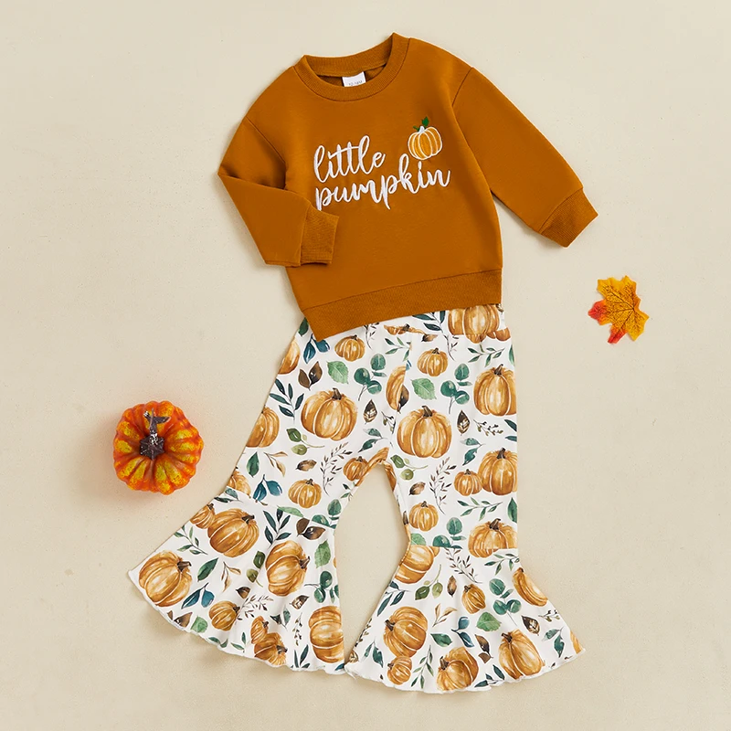 2024-06-20 Lioraitiin Girls Halloween Set Letter Pumpkin Embroidered Long Sleeve Round Neck Sweatshirt Long Flare Pants Outfits