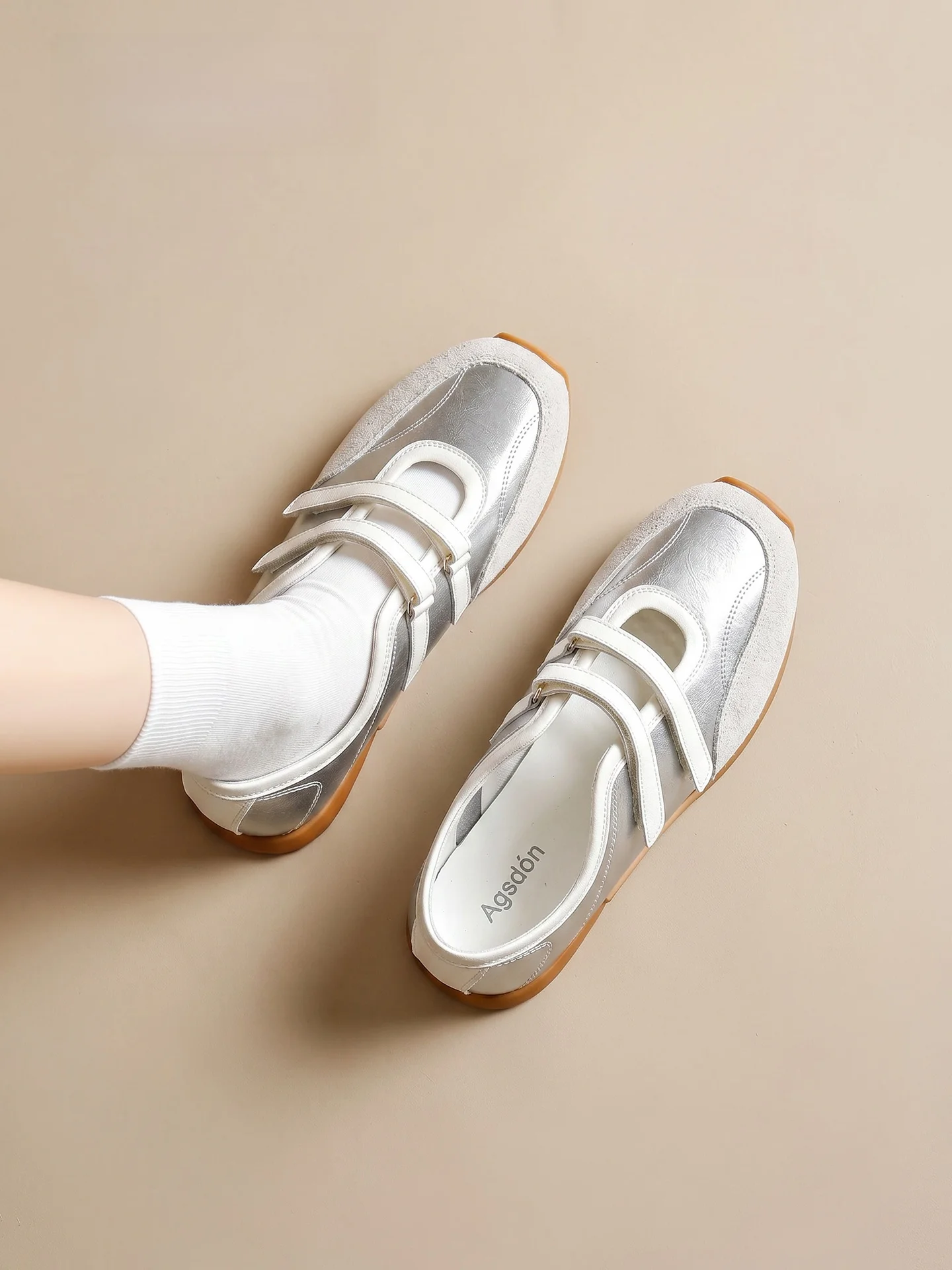Agsdon Silver Sporty Mary Jane Women's Slippers Ballet Flat Trainer Shoe Easy Wear Summer Fashion Casual Low Top Glue Bonding