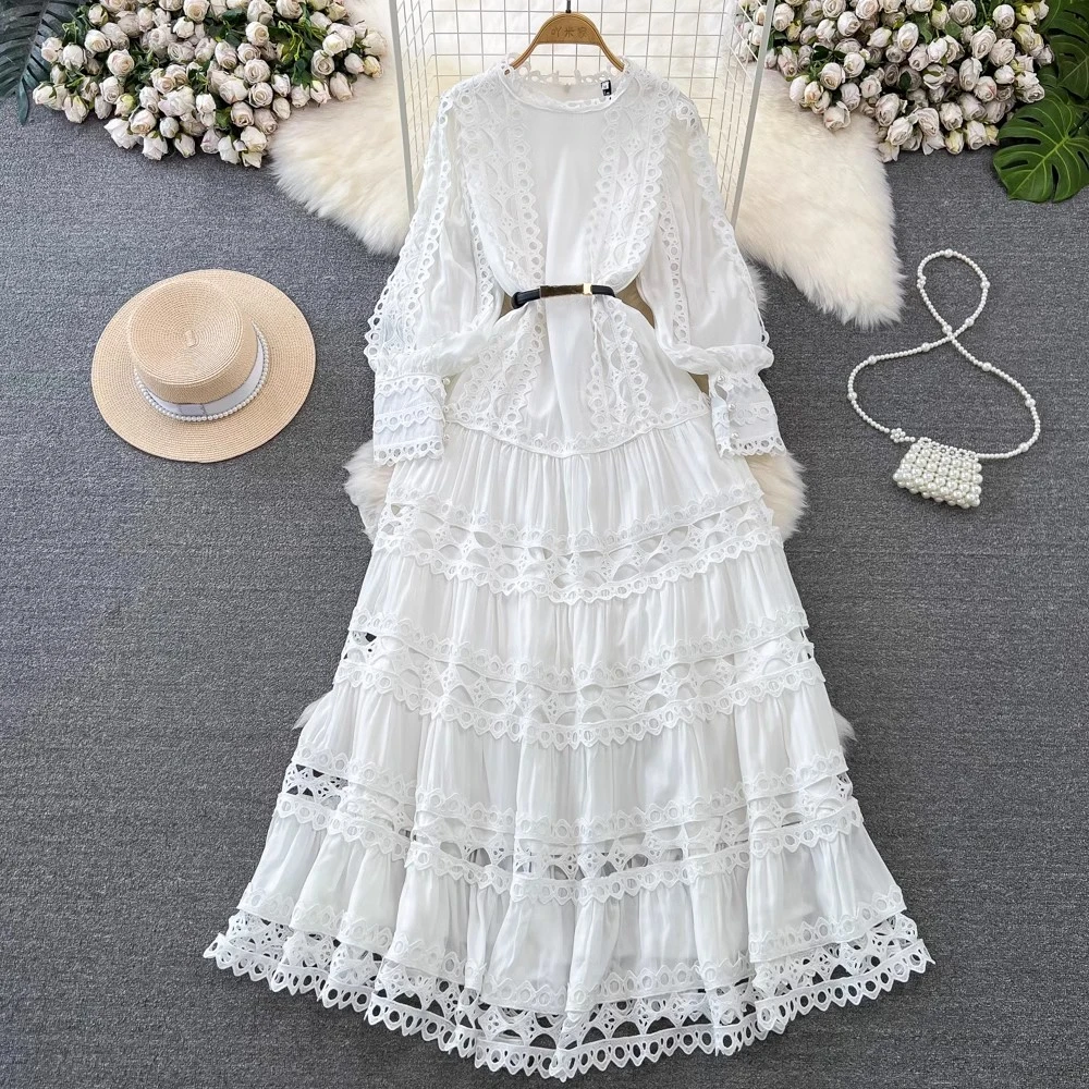 Vintage Green Women Dress Holiday Long Sleeve Evening Party Dresses Hollow Out Lace Patchwork White Vestidos Summer