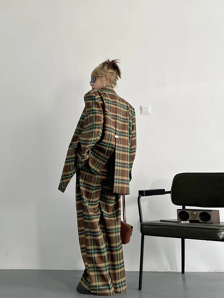 Vintage Colorblock Patchwork Plaid Blazers +Plaid Wide Leg Pants High Street Two piece sets 2023 Spring Autumn