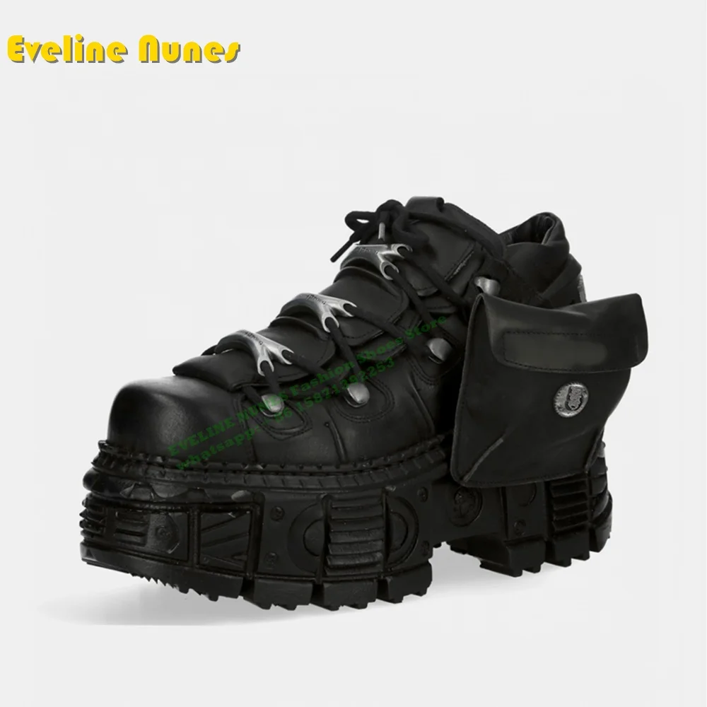 Pocket Platform Cross Tied Cyberpunk Motorcycle Boots Round Toe Thick Sole Metal Decoration Heavy Work Retro Ankle Boots Newest