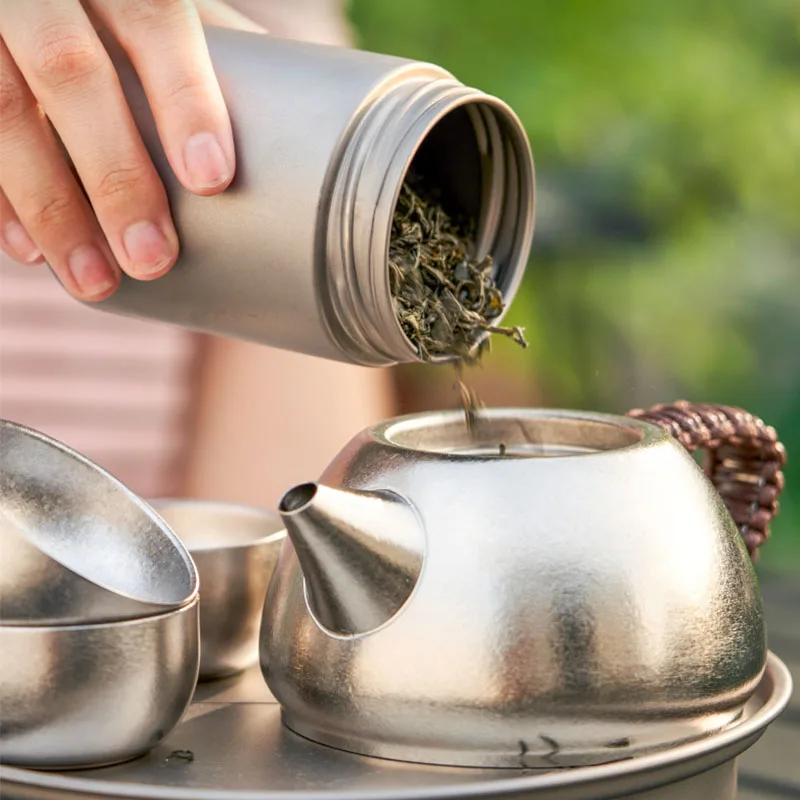350ml Pure Titanium Teapot Set With Filter And 3 Double-layer Insulated Tea Cups,Crystallization,Portable Outdoor Travle Tea Set