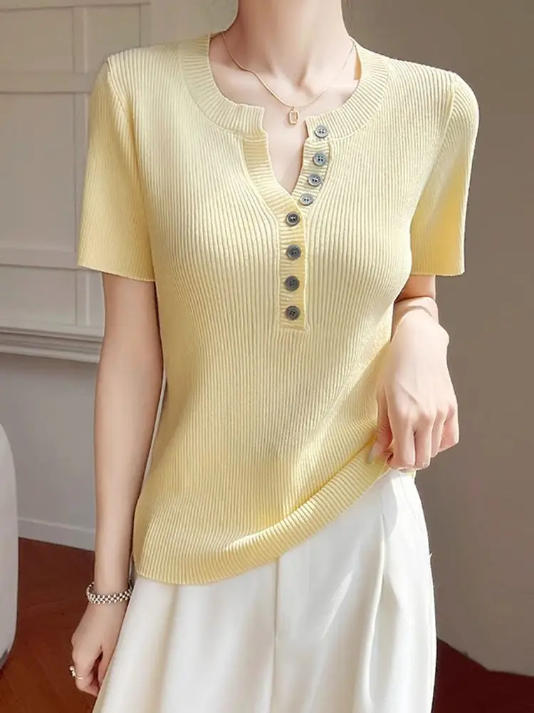 Slim Fit Ice Silk Knitted Short Sleeve T-Shirt Fashionable Half Open Collar Light Weight Summer Top Shoulder Width Regular