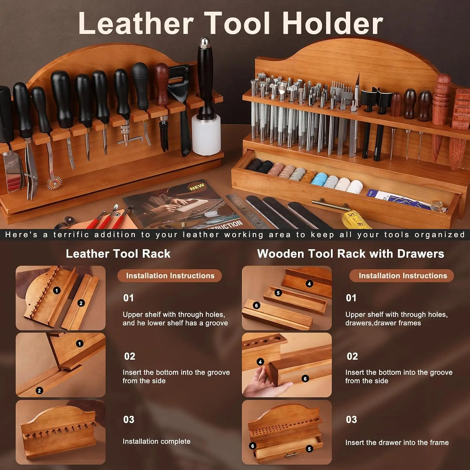 Leather Tools, Leather Crafting Kit with Tool Rack, Working Tools Kit for Adults and Tool Supplies for Carving, Stamping, Engrav
