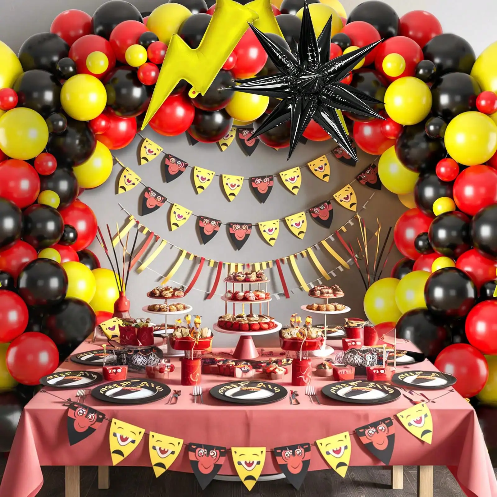 Красный, черный, желтый воздушный шар, гирлянда, арочный комплект, 107 шт., гирлянда, фон, мультяшная игра, украшение для дня рождения
