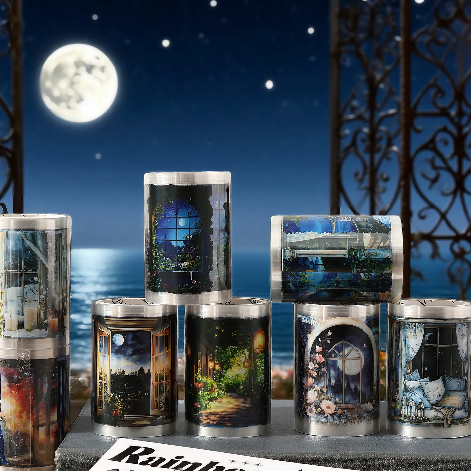 

4 рулона, 60 мм * 2 м, винтажный ночной пейзаж, вырезанный набор наклеек для домашних животных, креативное украшение, сделай сам, дневник, планировщик, эстетическая наклейка