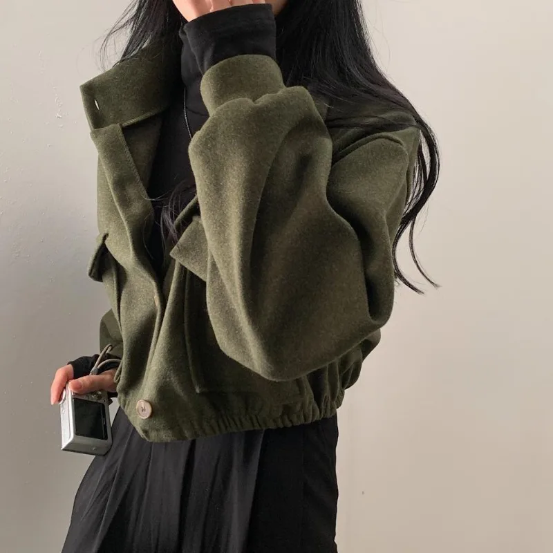 Autumn and Winter Loose Woolen Coat  Large Size Pocket Small Stand-up Collar Top Long Sleeve Button Woolen Women's Clothing