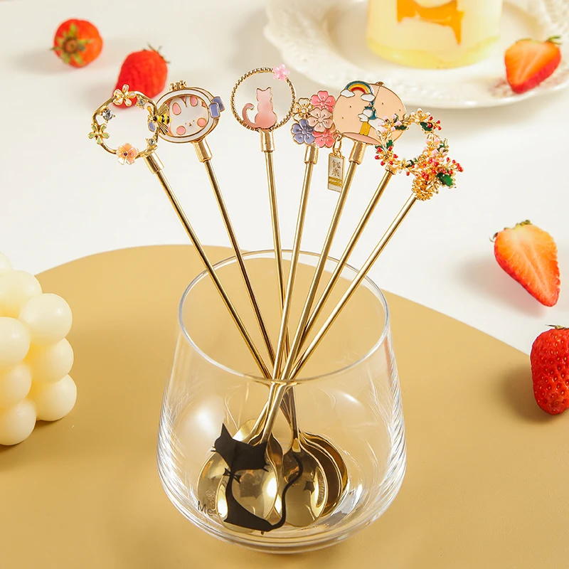 Cartoon Stainless Steel Coffee Spoon Sakura Delicate Dessert Spoon Long Handle Stirring Spoon Ice Spoon Mug Spoon Teaspoon