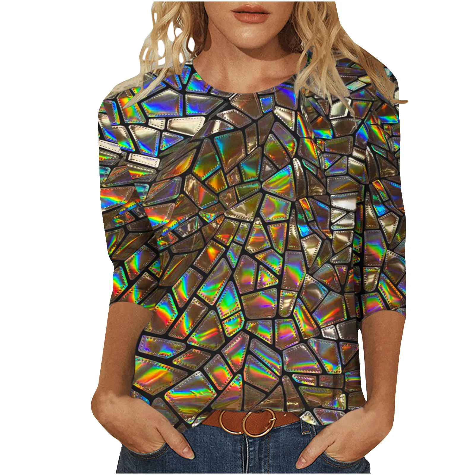 Fashionable Autumn Street Long Sleeved T-shirt With Optical Illusion 3D Printed Top For Women 2024, Cool And Colorful Round Neck