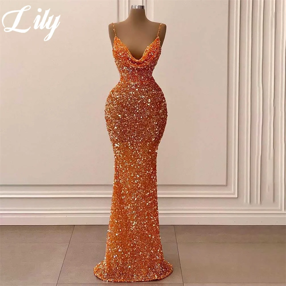 Lily Orange V-Neck Evening Gown Trumpet Sequins Prom Dresses Satin Spaghetti Strap Evening Dress with Pleats robes de soirée